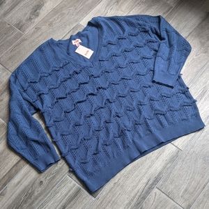 Relaxed Ruffle Wave Pointelle Blue VNeck Sweater
